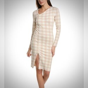 Naadam Knit Sweater Dress Small Beige Gingham Long Sleeve Bodycon Cashmere